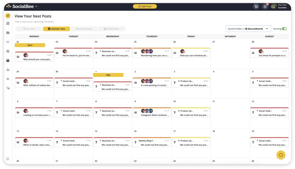 Vista del calendario de próximas publicaciones de SocialBee